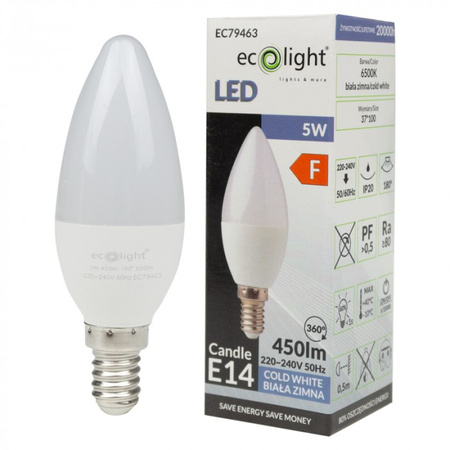LED žárovka svíčka B37 E14 5W 450lm 6500K studená bílá Ecolight