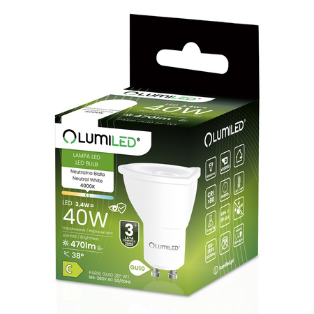 LED žárovka GU10 Reflector PAR16 3,4W = 40W 470LM 4000K Neutrální 38° LUMILED