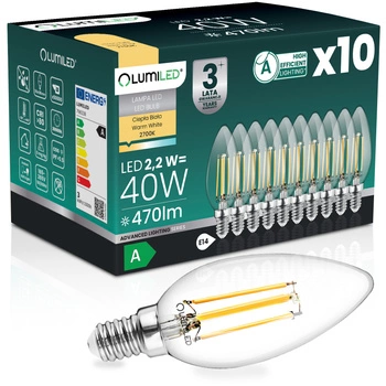 10x LED žárovka E14 svíčka B35 2,2W 470lm = 40W 2700K teplá bílá 360° Filament energetická třída A LUMILED