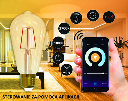 E27 ST64 LED žárovka 5.5W 470lm 1800K-2700K 320° Filament GOLDLUX (Polux) Smart WiFi TUYA