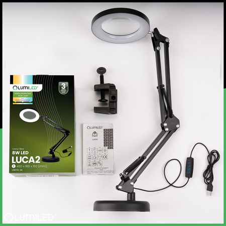 Stolní lampa LED 8W CCT Kreslící stolní lampa 3x zvětšovací sklo LUCA 2 Black LUMILED