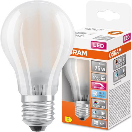 LED žárovka E27 A60 7,5W = 75W 1055lm 4000K Neutrální 300° CRI90 Stmívatelné vlákno OSRAM SUPER STAR+