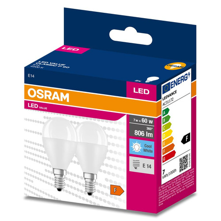 2x LED žárovka E14 P45 7W = 60W 806lm 4000K neutrální bílá 200° OSRAM HODNOTA