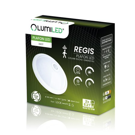 2x E27 Plafon LED Stropní svítidlo, snímač pohybu a soumraku 30cm IP44 kulatý Bílý REGIS LUMILED