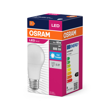 LED žárovka A60 E27 8W = 60W 806lm 6500K studená bílá 150° VALUE CLASSIC Osram