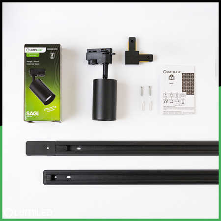 Osvětlovací lišta 3m + 5x reflektor lištový, GU10 Černá SAGI + Spojka L LUMILED