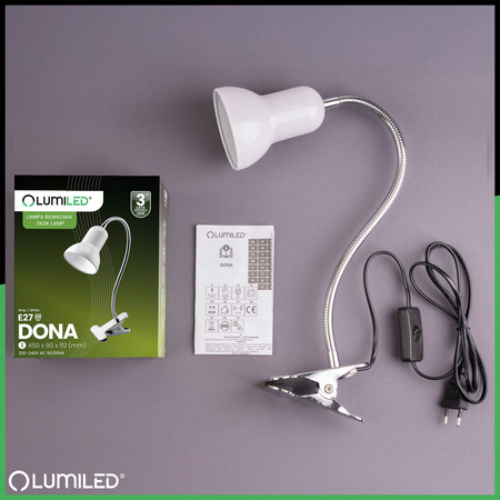Stolní lampa stolní nastavitelná DONA školní noční světlo E27 klip bílý LUMILED