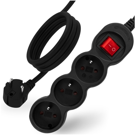 Síťový prodlužovací kabel Uzemněný napájecí pásek 3 zásuvky 1,5 m Vypínač Černý kabel Lendo Lumiled