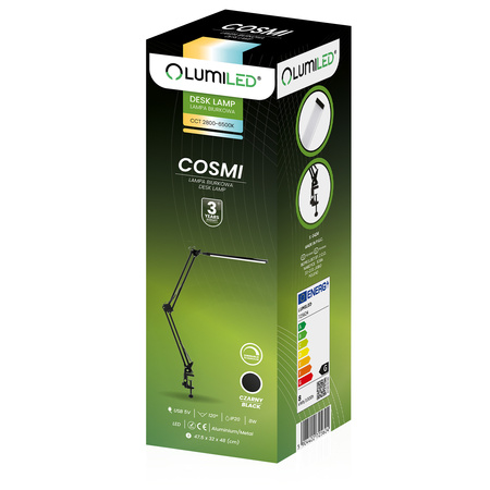 Stolní lampa LED 12W, CCT USB stmívatelná Černá COSMI LUMILED