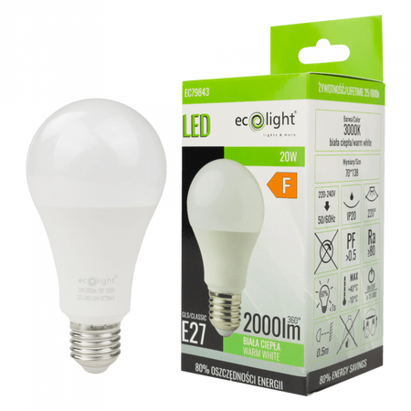 LED žárovka A60 E27 20W 1800lm 3000K teplá bílá Ecolight