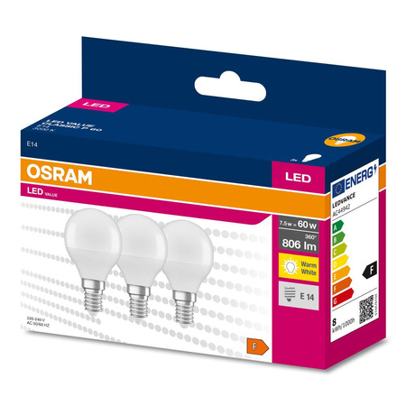 3x LED žárovka E14 P45 7W = 60W 806lm 3000K Teplá bílá 200° HODNOTA OSRAM
