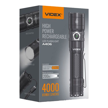 Taktická LED dobíjecí vodotěsná svítilna 20W 4000lm 6000K A406 velmi výkonná VIDEX