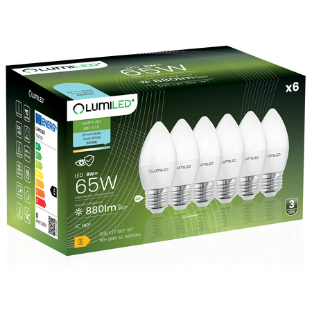 6x LED E14 CANDLE 8W = 60W 6500K studená bílá CCD LUMILED žárovka