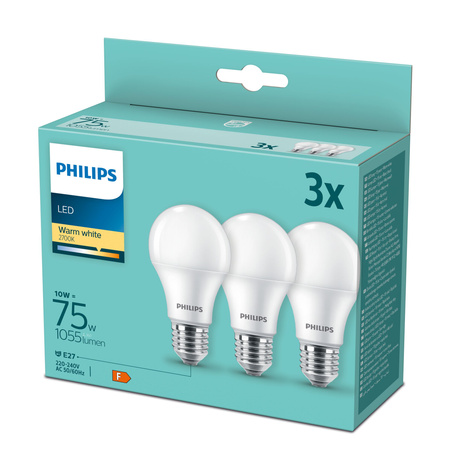 3x LED žárovka E27 A60 10W = 75W 1055lm 2700K Teplá bílá PHILIPS