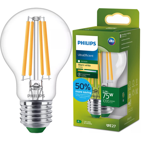 LED žárovka E27 A60 5.2W = 75W 1095lm 2700K Teplá bílá vlákno PHILIPS Ultra Efficient
