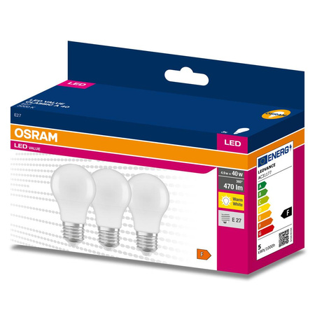 3x LED žárovka E27 A60 4.9W = 40W 470lm 3000K Teplá bílá 200° OSRAM HODNOTA