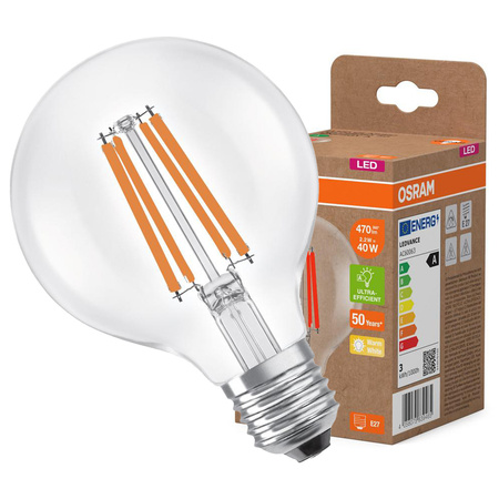 LED žárovka G80 Sphere E27 2,2W = 40W 470lm 2700K Warm 330° Filament CLASSIC ENERGETICKÁ ÚSPORNOST Osram