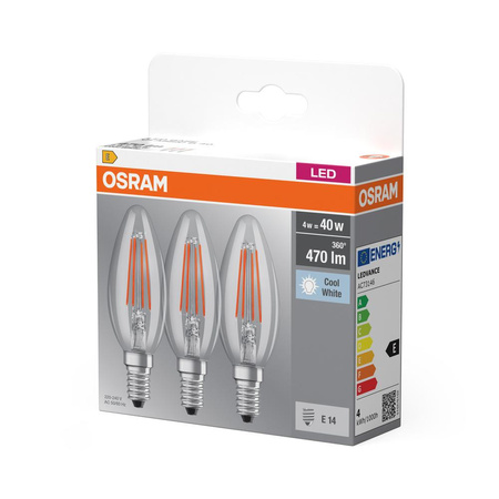 3x LED žárovka E14 B40 4W = 40W 470lm 4000K Neutrální bila 320° OSRAM Base Filament