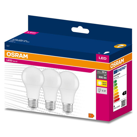 3x LED žárovka E27 A60 8.5W = 60W 806lm 3000K Teplá bílá 200° OSRAM HODNOTA