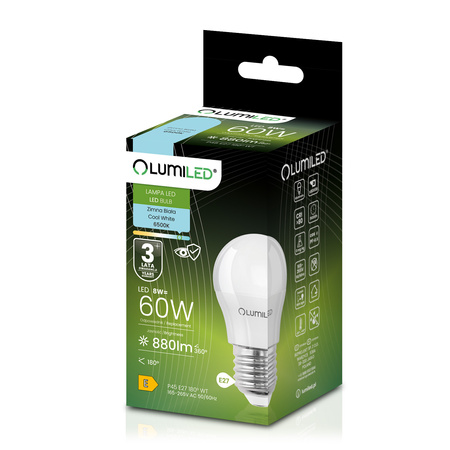 6x LED žárovka E27 kapka P45 8W = 60W 880lm 6500K studená bílá 180° LUMILED