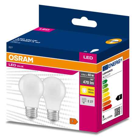 2x LED žárovka E27 A60 4.9W = 40W 470lm 3000K Teplá bílá 200° OSRAM HODNOTA