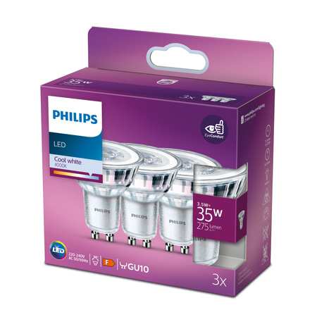 3x LED halogenová žárovka GU10 PAR16 3,5W = 35W 275lm 4000K Neutrál 36° PHILIPS