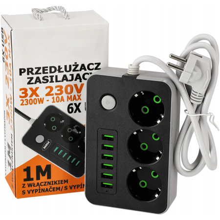 Zástrčka napájecího prodlužovacího kabelu -3x zásuvka + 6x USB s uzemněním a vypínačem Napájecí proužek 1m 3x1mm 16A černá/šedá