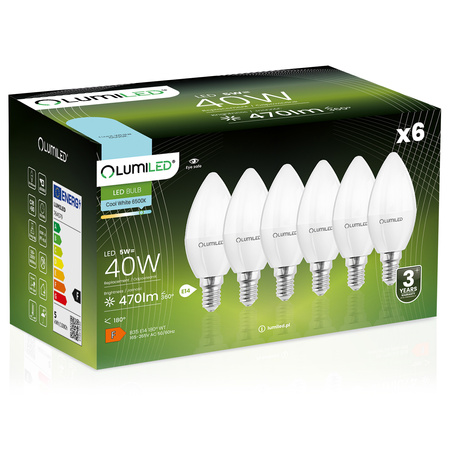6x Žárovka LED Svíčka B35, E14 5W = 40W 470lm 6500K Studená bílá 180° LUMILED