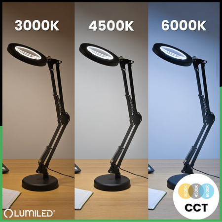 Stolní lampa LED 8W CCT Kreslící stolní lampa 3x zvětšovací sklo LUCA 2 Black LUMILED