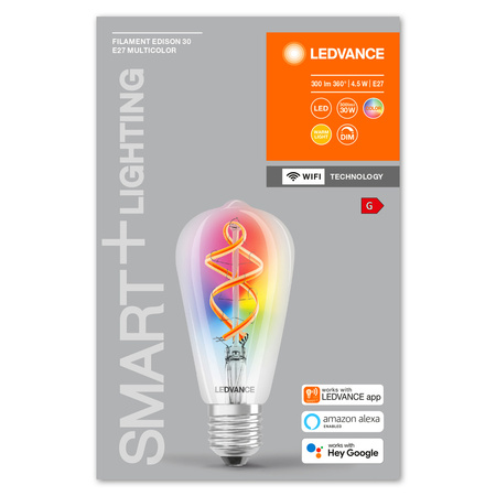 E27 ST64 LED žárovka 4.5W = 30W 2700K Teplá bílá RGB 300lm 300° LEDVANCE SMART+ WIFI vlákno Stmívatelné