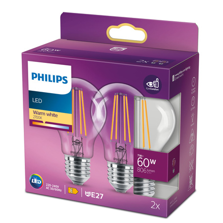 Sada 2x LED Žárovka E27 A60 7W = 60W 806lm 2700K Teplé vlákno PHILIPS