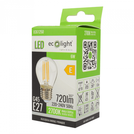 LED žárovka Ball P45 E27 6W 720lm 2700K Warm FILAMENT Ecolight