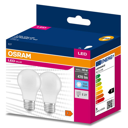 2x LED žárovka E27 A60 4.9W = 40W 470lm 4000K Neutrální bila 200° OSRAM HODNOTA
