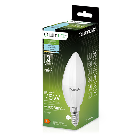 Žárovka LED Svíčka B35, E14 10W = 75W 1055lm 6500K Studená bílá 180° LUMILED