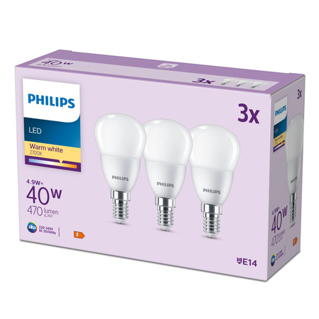 Sada 3x LED kulové žárovky E14 P45 4,9W = 40W 470lm 2700K Teplá PHILIPS