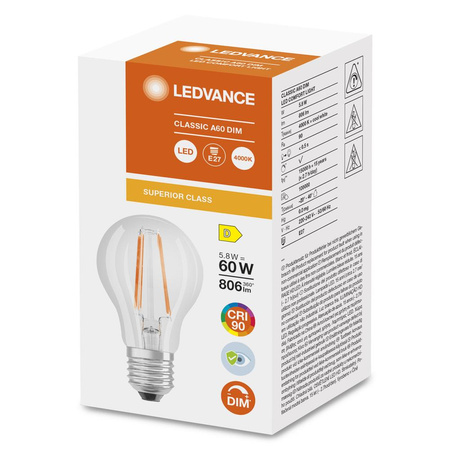 LED žárovka E27 A60 5.8W = 60W 806lm 4000K Neutrální bila 300° CRI90 vlákno Stmívatelné LEDVANCE Superior