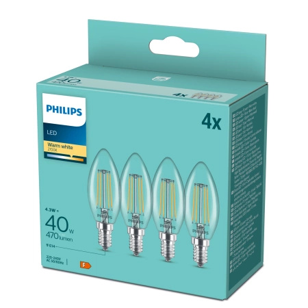 4x LED žárovka E14 Candle B35 4,3W = 40W 470lm 2700K Warm 300° FILAMENT Essential Philips