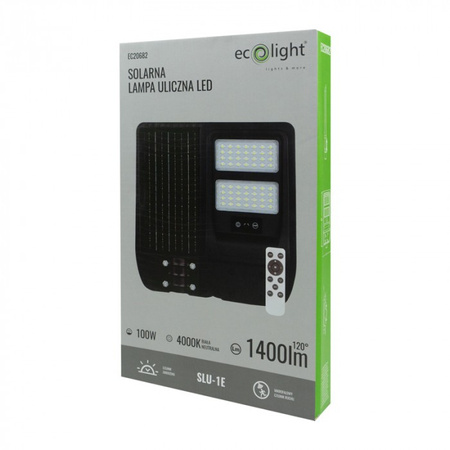 LED solární pouliční lampa 100W 1000lm 4000K neutrální IP65 se senzorem pohybu a soumraku Ecolight