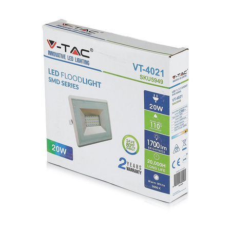 Reflektor LED 20W 1700lm 6500K IP65 Bílá SMD VT-4021W V-TAC