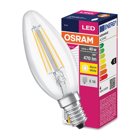 E14 B35 LED žárovka 4W = 40W 470lm 2700K Teplá bílá 300° OSRAM Value Filament