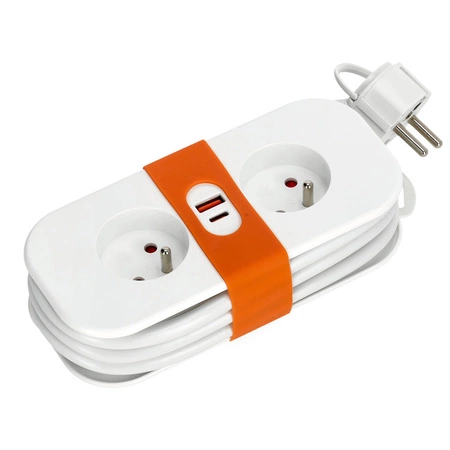 FlowFlexer Orange 2x230V + USB-A/USB-C 16A 3680W 1,4m prodlužovací kabel s uzemněním Kobi