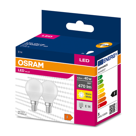 2x LED žárovka E14 P45 4.9W = 40W 470lm 2700K Teplá bílá 200° OSRAM HODNOTA