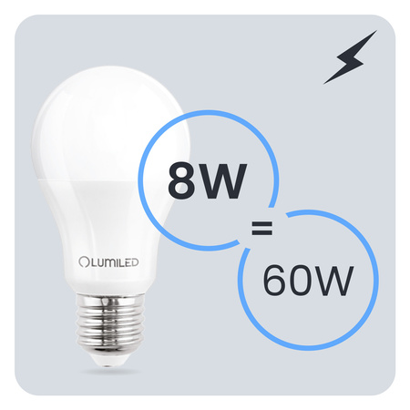 6x LED žárovka E27 A60 8W = 60W 880lm 6500K studená bílá 260° LUMILED