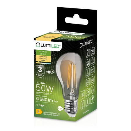 6x LED žárovka E27 A60 6W = 50W 660lm 2200K Warm 360° DIMMION FILAMENT LUMILED