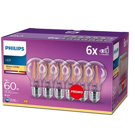6x LED Žárovka E27 A60 7W = 60W 806lm 2700K Teplá bílá vlákno PHILIPS