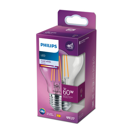 E27 A60 LED žárovka 7W = 60W 850lm 4000K neutrální bílá vlákno PHILIPS