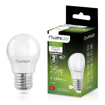 Žárovka LED E27, P40 2.5W = 25W 249lm 4000K Neutrální bílá 180° LUMILED