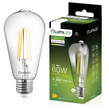 Žárovka LED E27, ST64 8W = 60W 880lm 3000K Teplá bílá 360° Filament LUMILED