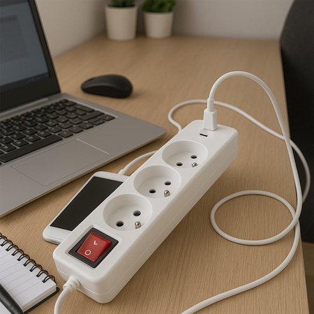 Síťový prodlužovací kabel s uzemněním 3 zásuvky 1,5 m vypínač bílý USB + USB-C kabel ELGER Lumiled