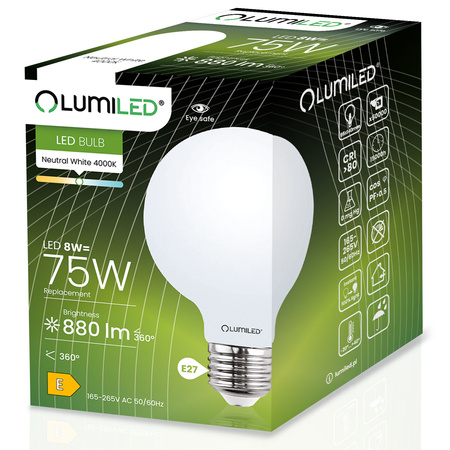 Žárovka LED E27, G95 8W = 75W 4000K Neutrální bílá Globe Mléčná Filament LUMILED